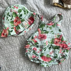 Angel Dear floral ruffle romper and hat